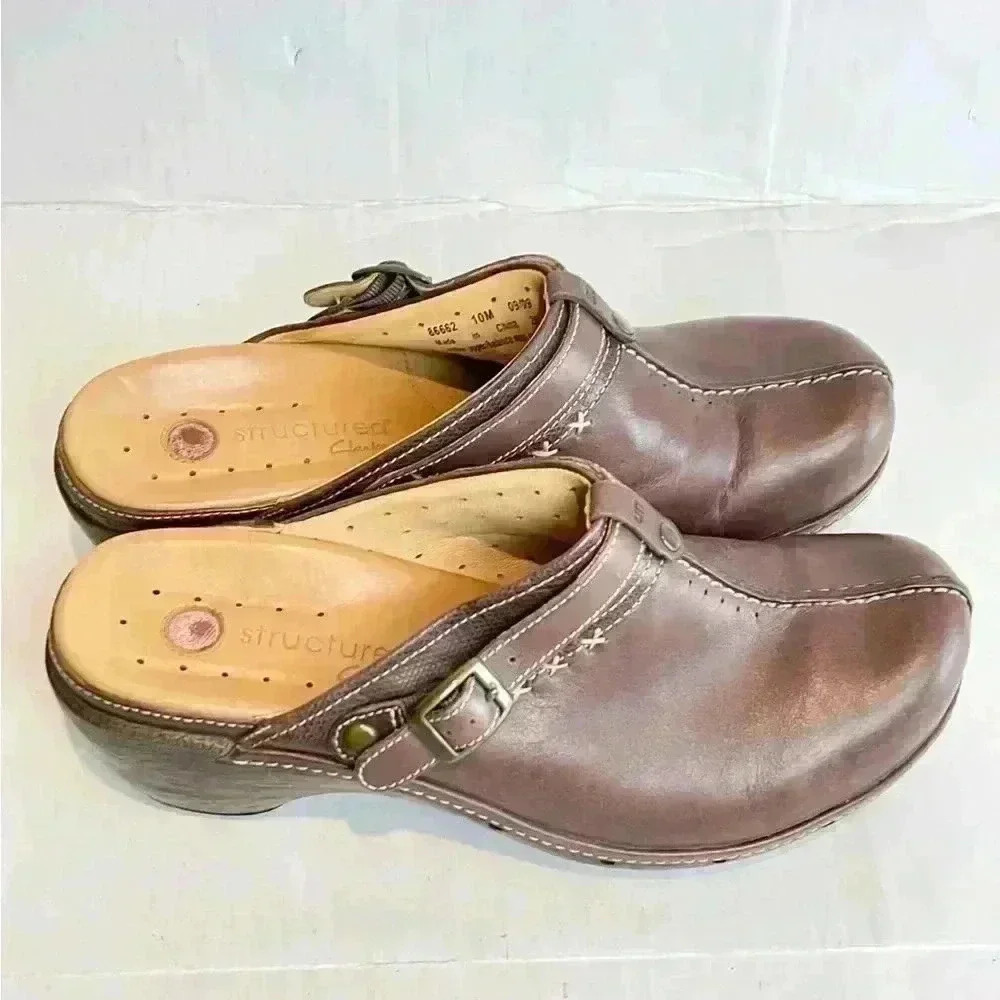 Clarks Unstructured Shoes Womens 10 M Slip On Clog Wedge Sandal Brown Leather